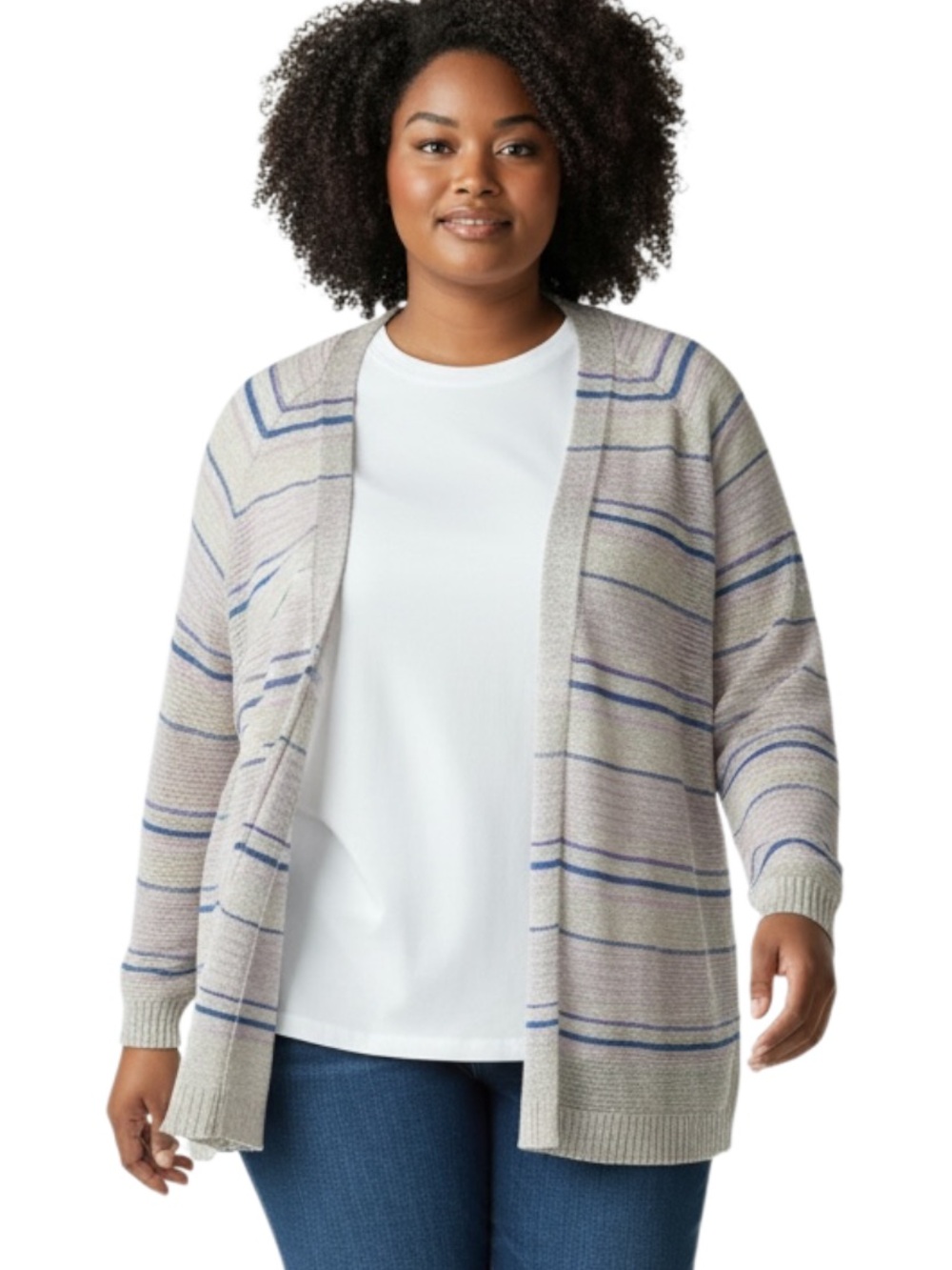 Boutique Plus Open-Front Striped Cardigan in Light Gray and Blue